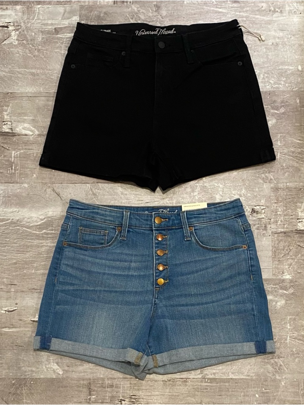 Bundle - Universal Thread Black High-Rise Shorts & Blue Button-Fly Denim Shorts